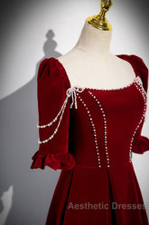 Wine Red Velvet Short Sleeves Long Evening Prom Dresses, Wine Red A-Line Evening Dresses